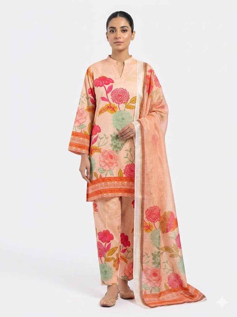Peach Floral Printed 3-Piece Lawn Suit with Organza Dupatta