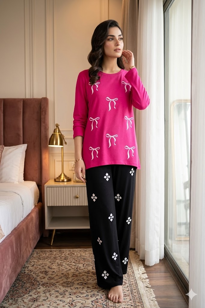 Magenta Ribbon 2-Piece Jersey Nightwear & Loungewear Set