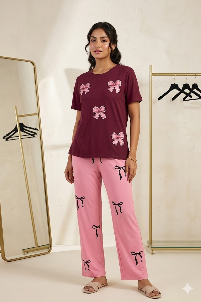 Maroon Bow 2-Piece Jersey Nightwear & Loungewear Set