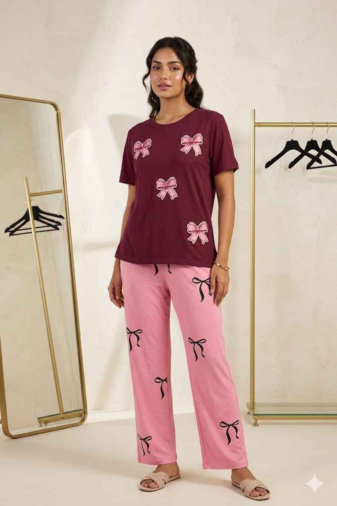 Maroon Bow 2-Piece Jersey Nightwear & Loungewear Set