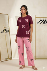 Maroon Bow 2-Piece Jersey Nightwear & Loungewear Set